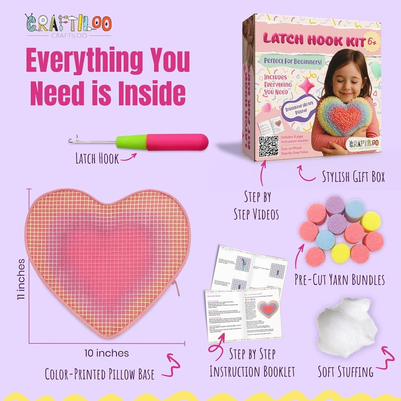 CRAFTILOO Latch Hook Kit for Kids Rug DIY Pillow Craft with Hook, Precut Yarn, Easy to Follow Pattern Cute Designs with Rainbow Heart Ages 6+ - Image 2